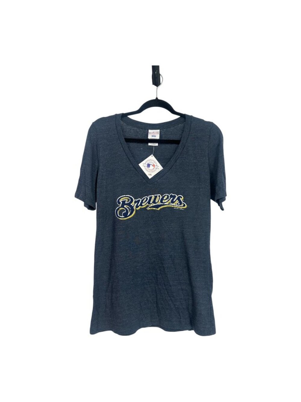 Milwaukee Brewers MLB Shirt Women's XL Navy Blue V-Neck Fan Baseball Jersey Tee